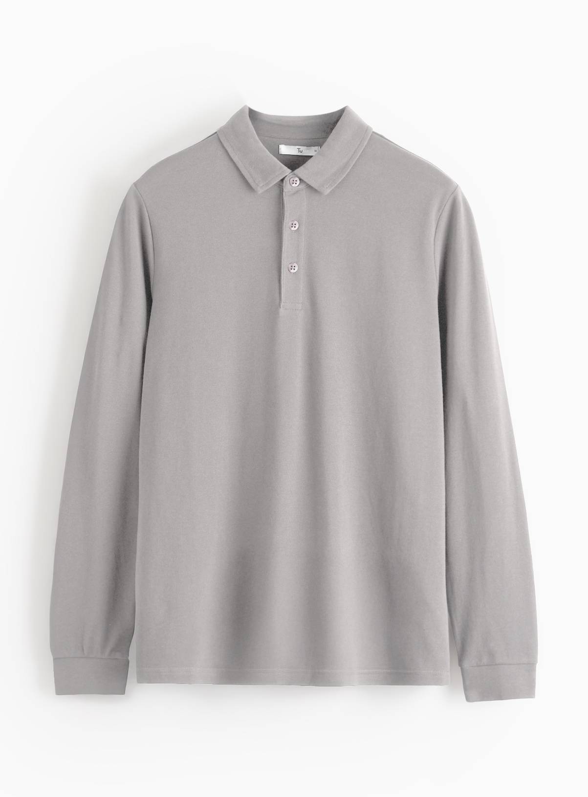 Grey Long Sleeve Pique Polo Shirt XL - Image 1